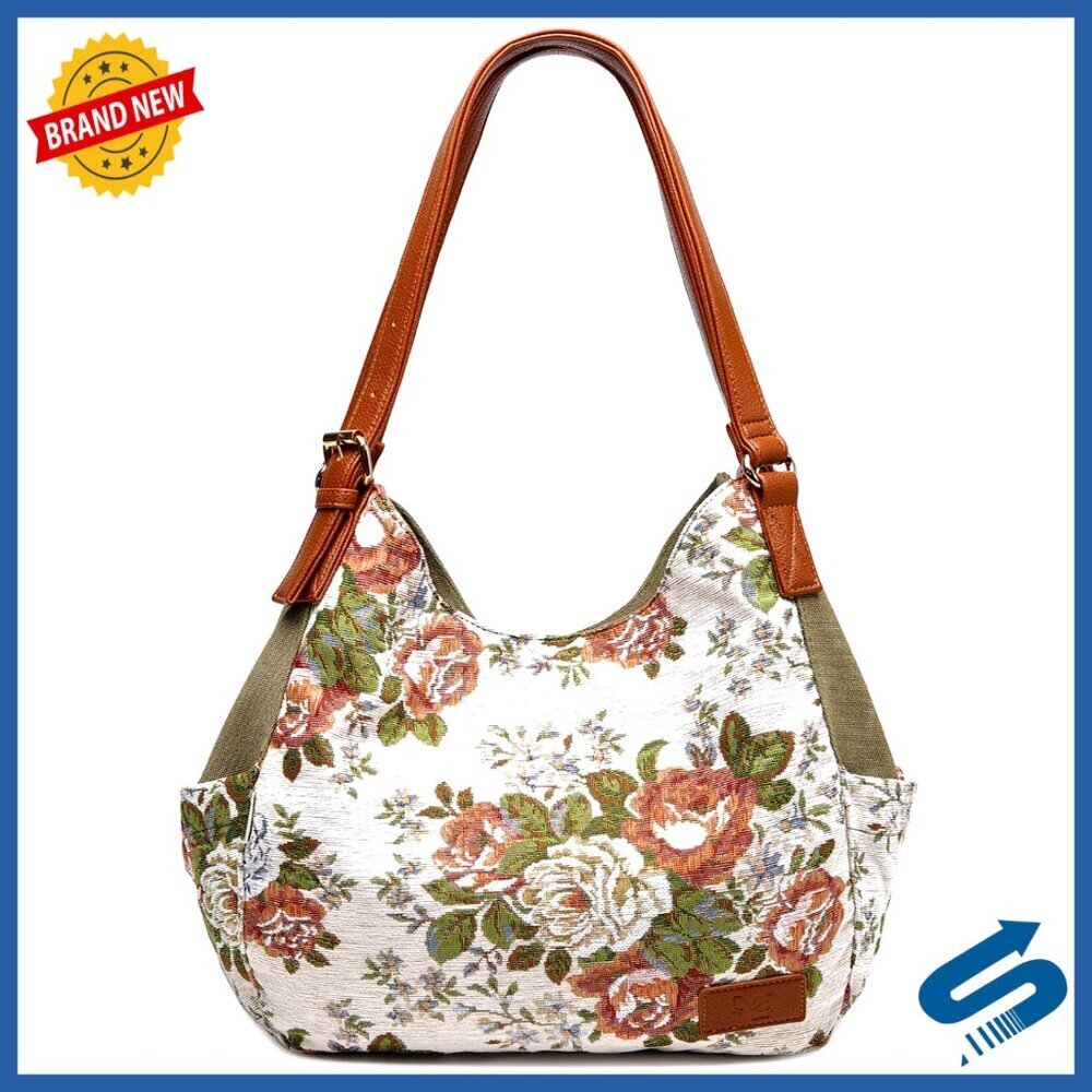 Canvas Hobo Tote Multi Pocket Purse Embroidery Ethnic Design Casual Handbag